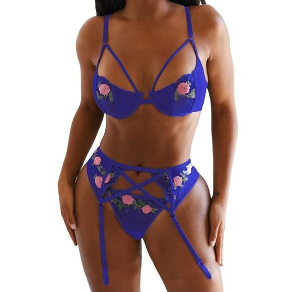 𝅺3 Piece Sexy Lingerie Garter Set, Blue